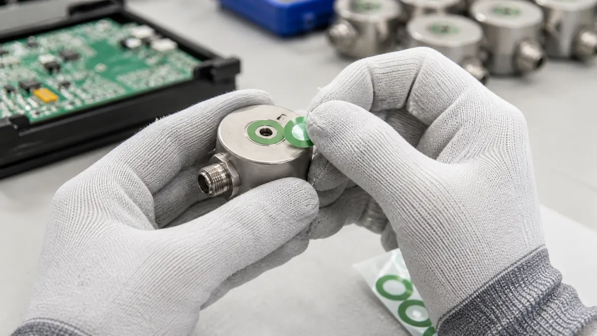 Technician aligning a green custom die-cut masking ring around a circular pressure sensor port on a metal housing